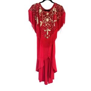 Vintage Red Fringe Sequin High Low Gown Gold Beaded Formal Dress Performance